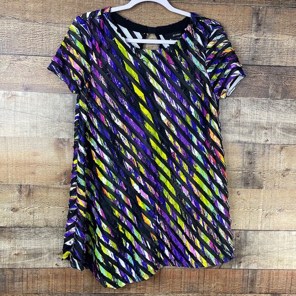 Ali Miles Multicolor Striped Short Sleeve Tunic Top Asymmetrical Hem Size Medium - Picture 2 of 10